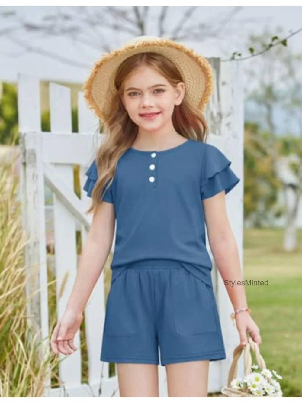 Girls Ruffle Sleeve Button Down Shirt & Shorts 2 Piece Summer Outfit Set